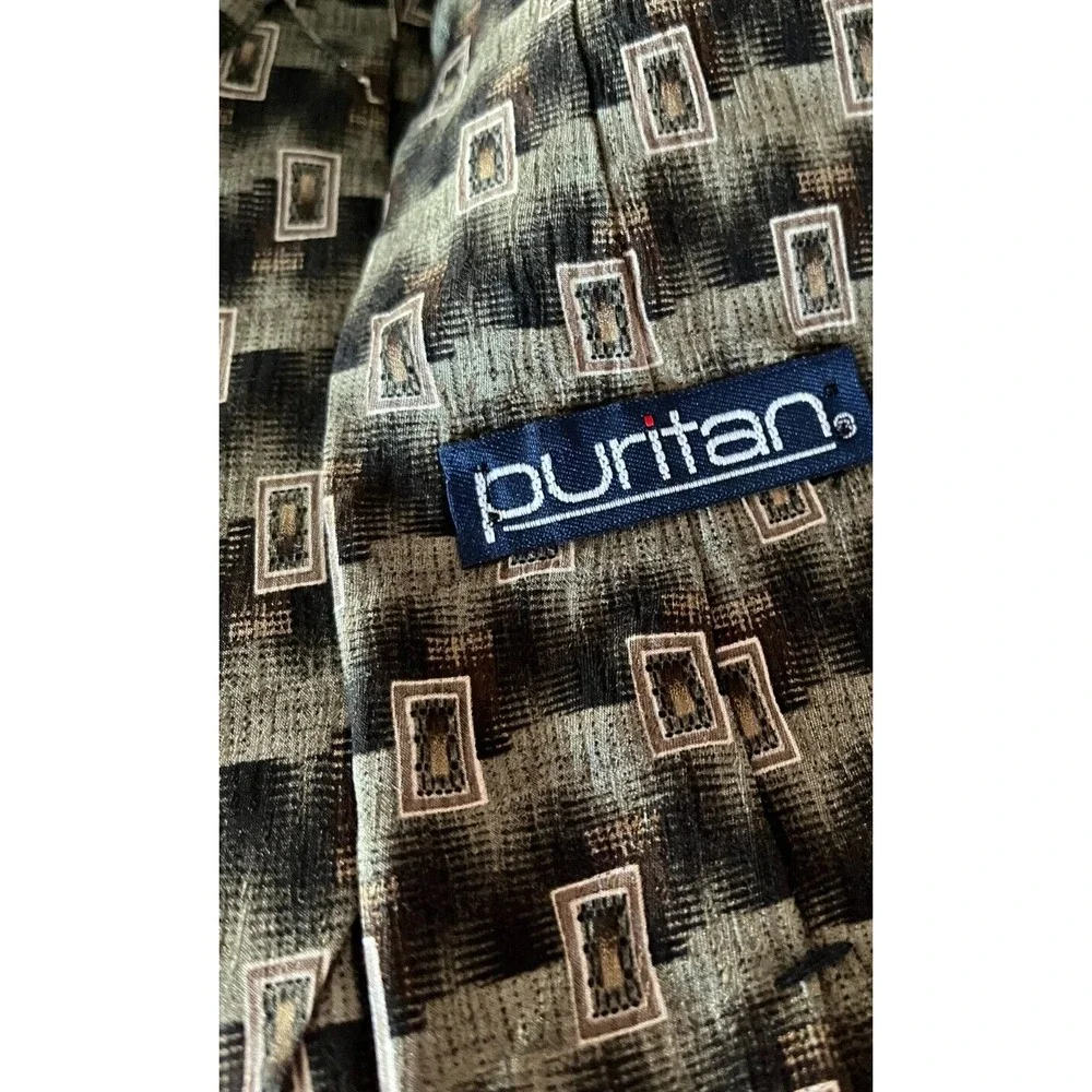 Puritan‎ Men's Tie Necktie Silk USA Green Brown Geometric Pattern Classic Length